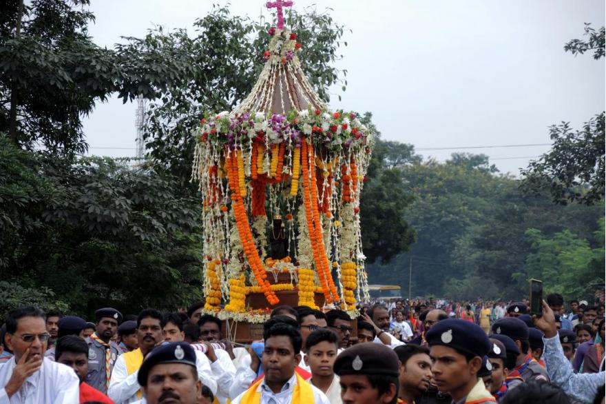 The Dhori Mata is set on a platform decorated in flowers and carried in procession.